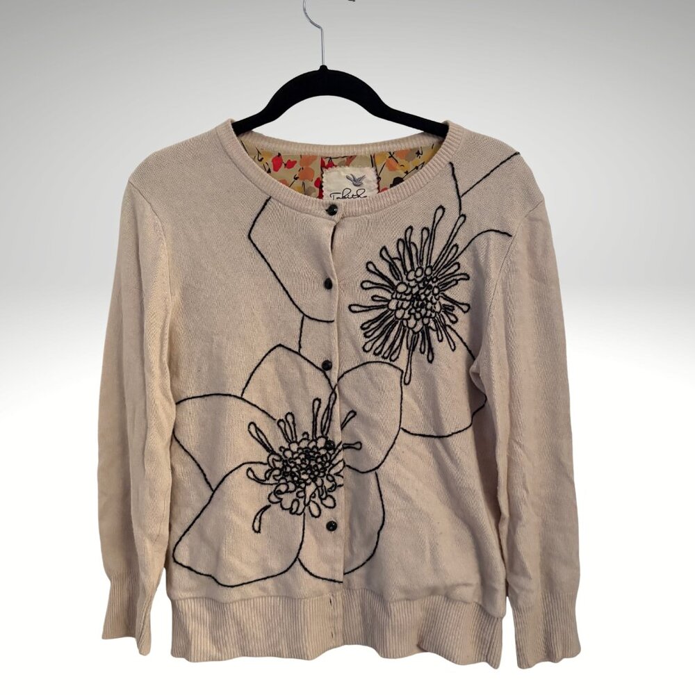ANTHROPOLOGIE | Tabitha | Embroidered Cream Cardigan | Pretty Floral Lining | L